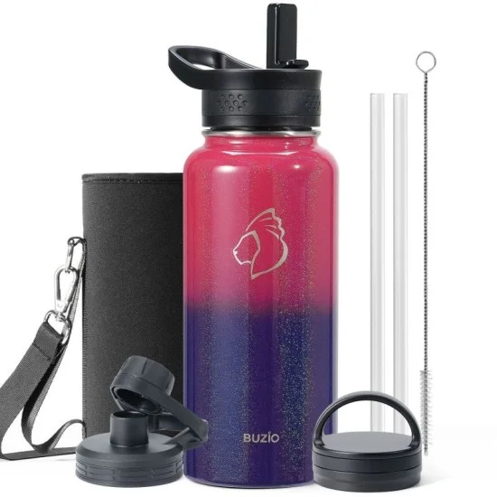 Buzio Trio Series Water Bottle with 3 Lids and Sleeve 1L - Red Blue